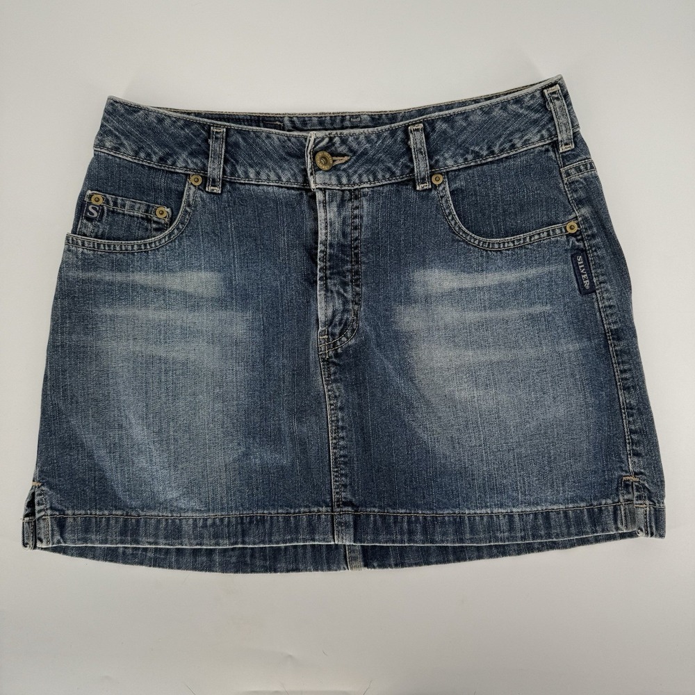 Y2K Silver Jeans Vintage Denim Mini Skirt Blue Whiskering Made In Canada Size 31